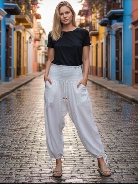 Smocked Waist White Wide-Leg Harem Pants NWOT